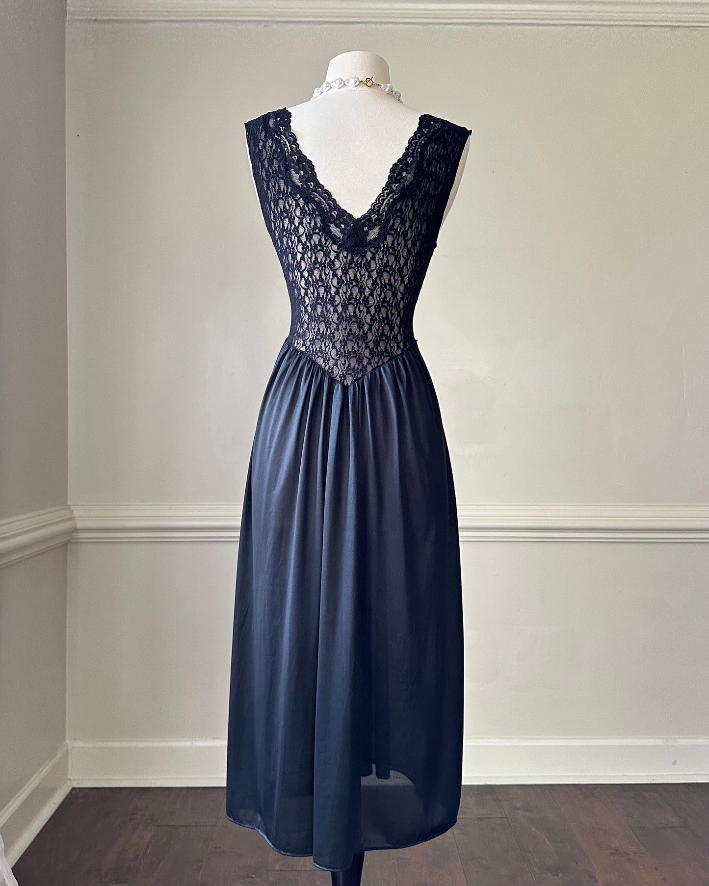 Dark Feminine Midi Dress featuring Complete Sheer Lace Bodice