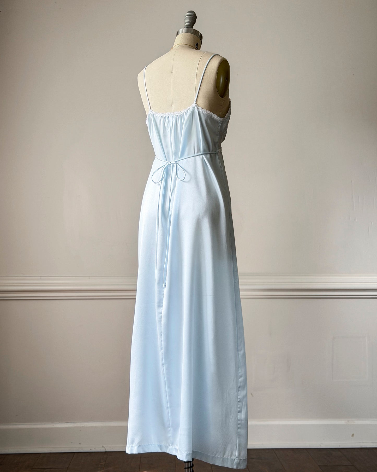 Vintage Dior Baby Blue Satin Maxi Slip Dress — White Lace Bodice & Empire Waist