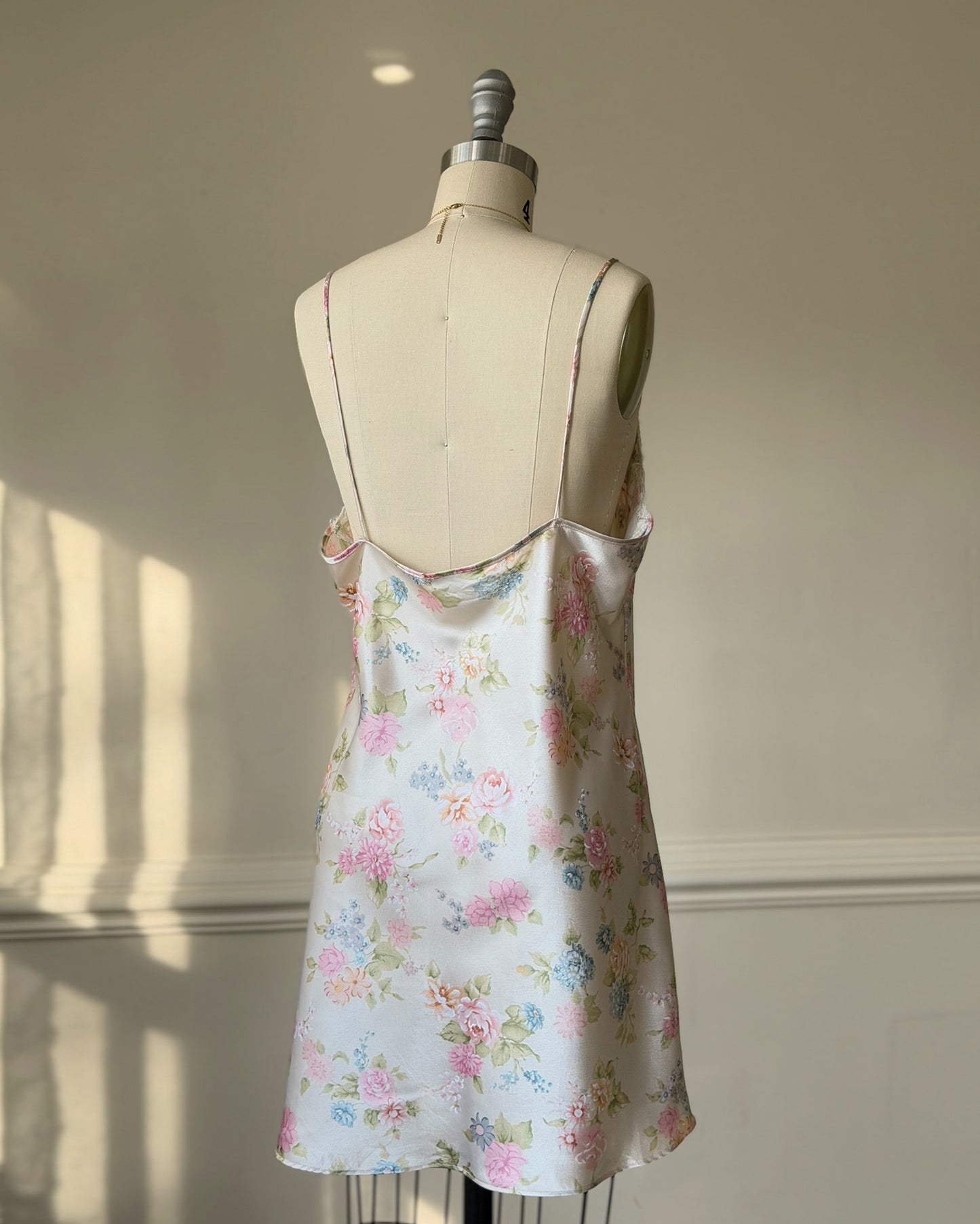 Vintage California Dynasty floral satin slip dress – pastel lace lingerie mini