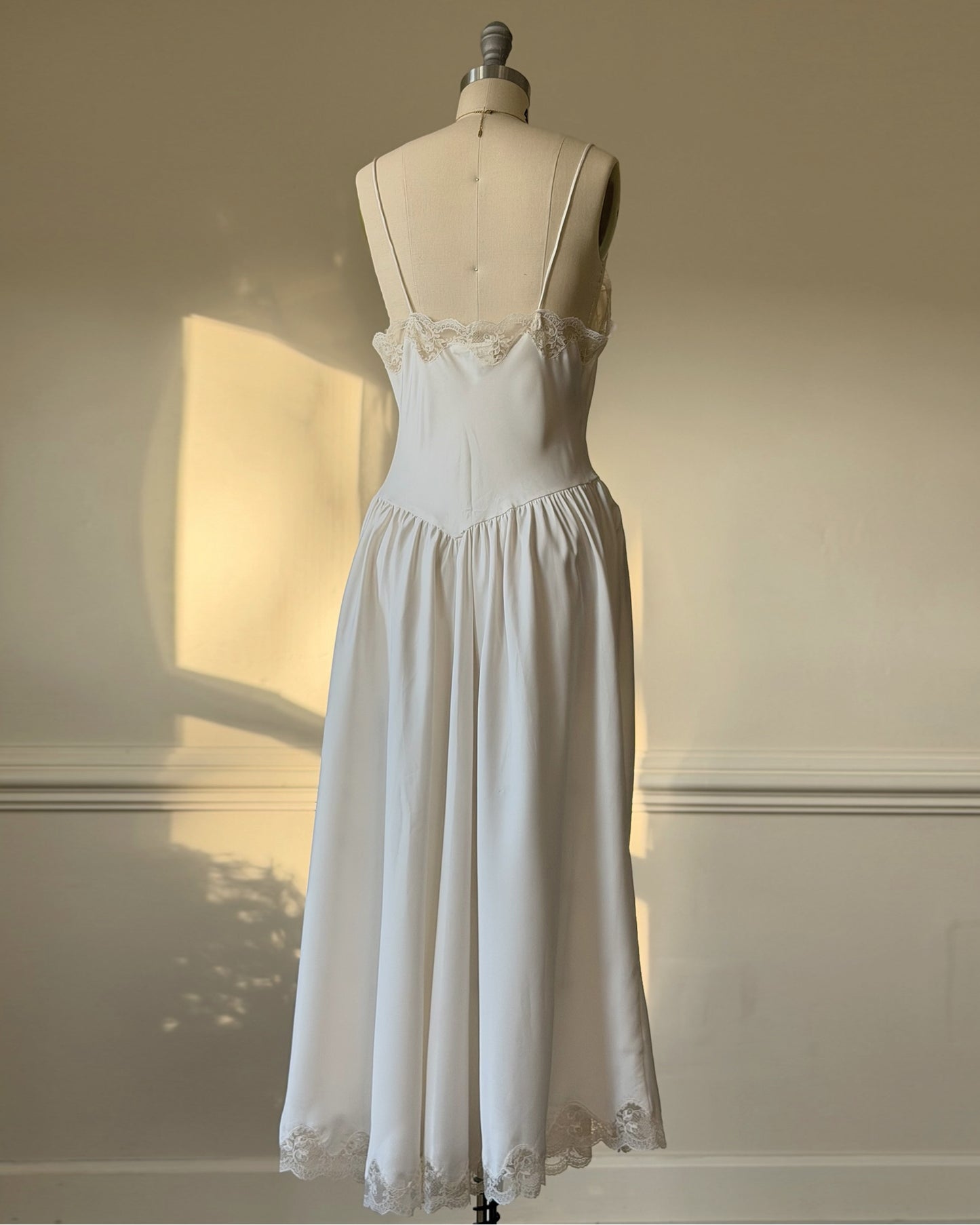Vintage ivory satin slip dress – romantic lace trim lingerie maxi dress