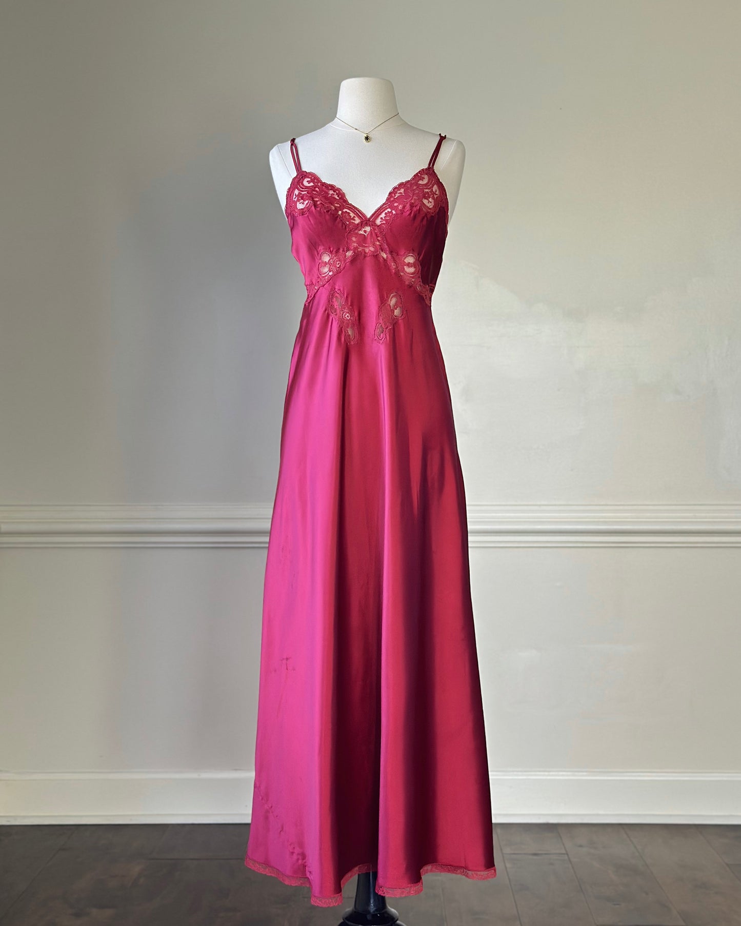 Vintage Dior maroon satin maxi dress featuring paisley embroidery bust