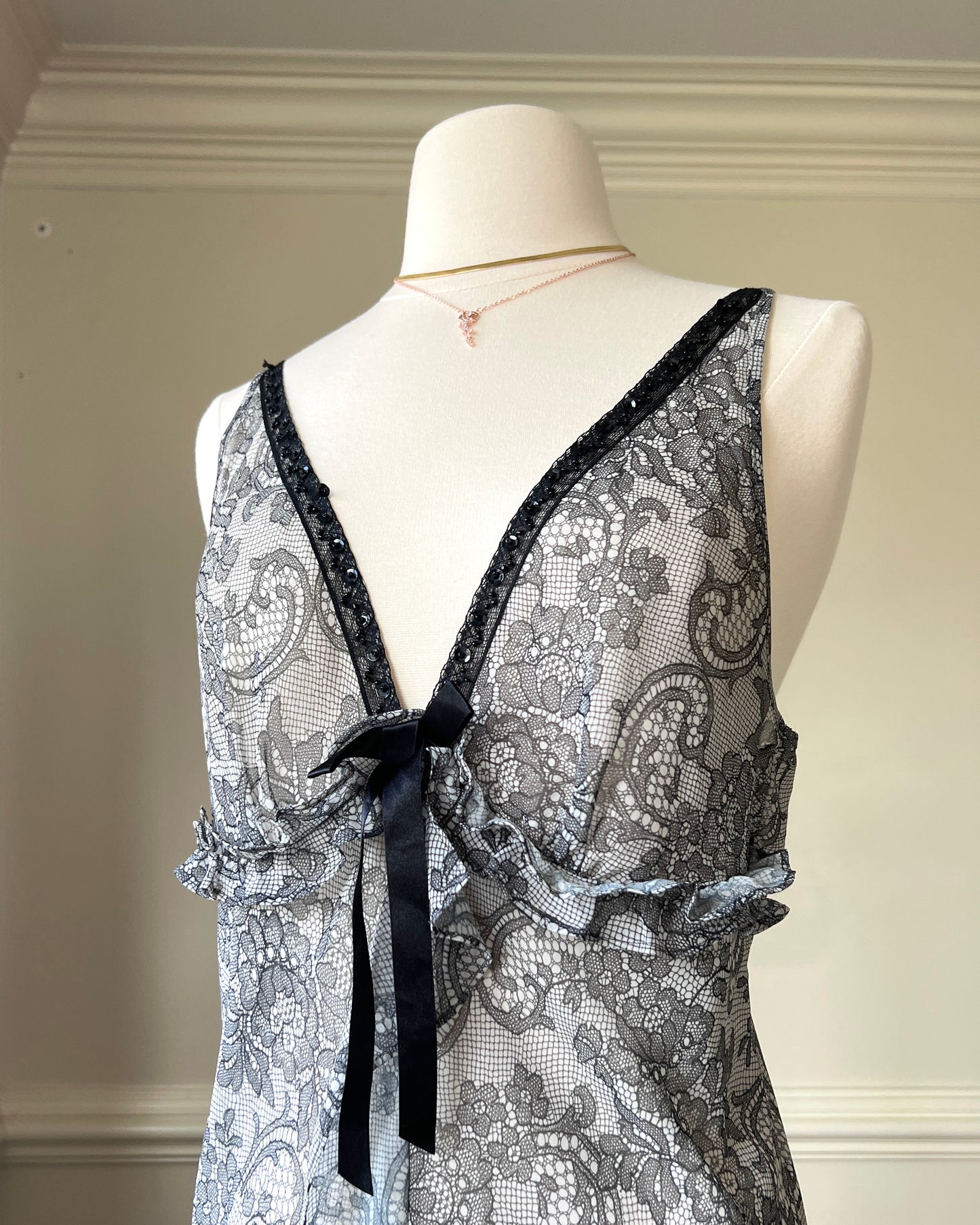 Eblin’s Sheer Maxi Dress featuring Overall Paisley Pattern with Ruffled Split Detail