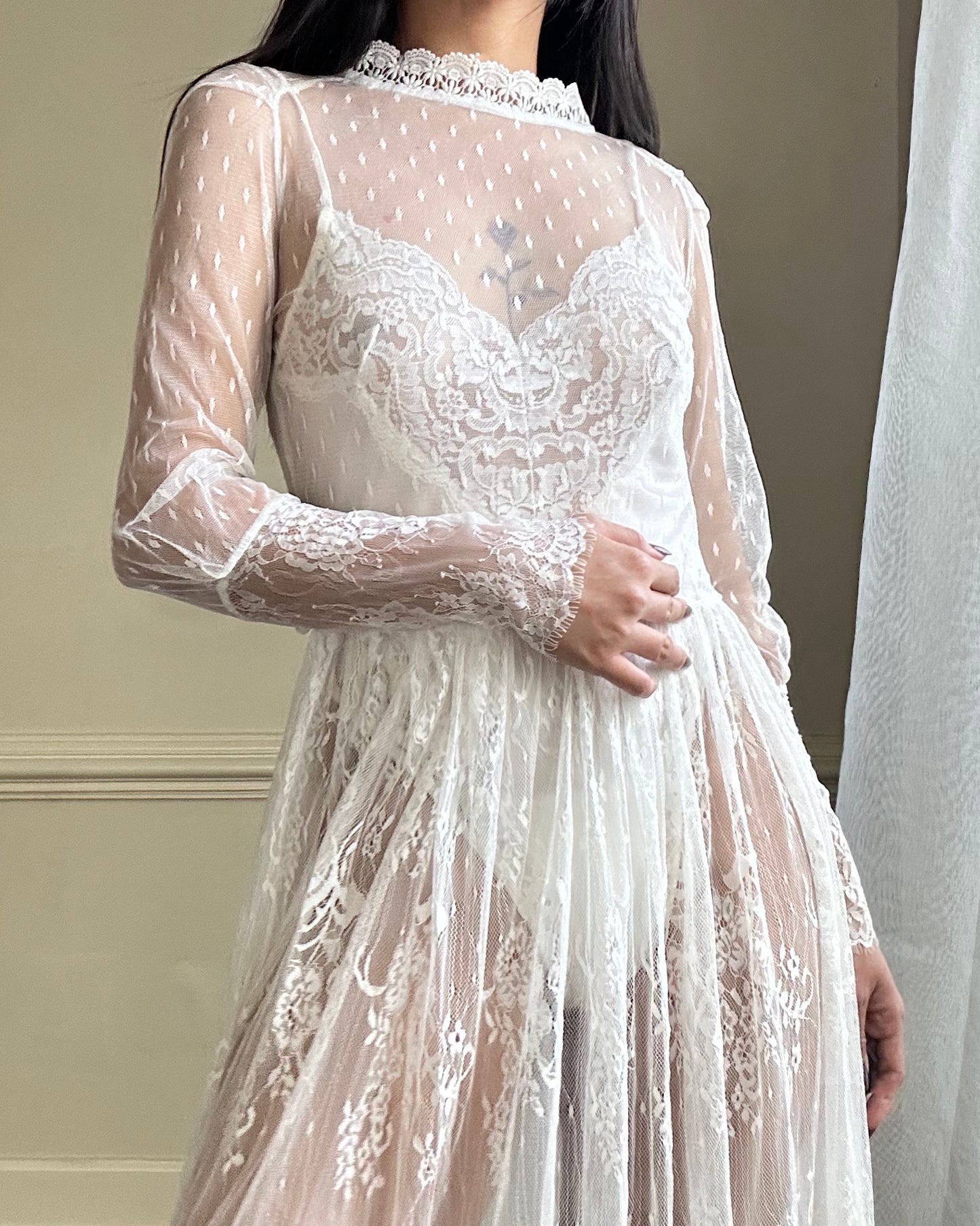 Sheer Victorian Inspired Long Sleeves Slip Dress featuring Intricate Floral Pattern