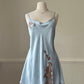 Victoria’s Secret satin soft blue slip dress featuring intricate lace embroidered