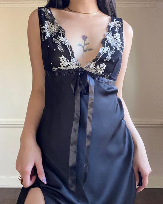 Luxurious VeraWang Satin Maxi Slip Dress featuring White Floral Embroidery Bustier Detail