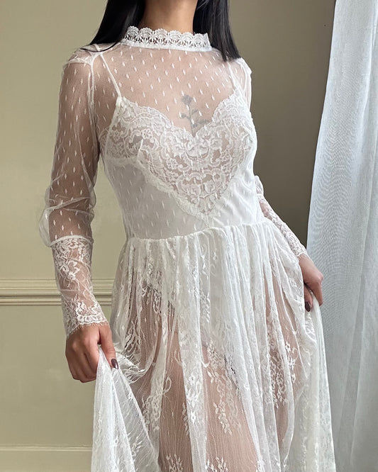 Sheer Victorian Inspired Long Sleeves Slip Dress featuring Intricate Floral Pattern