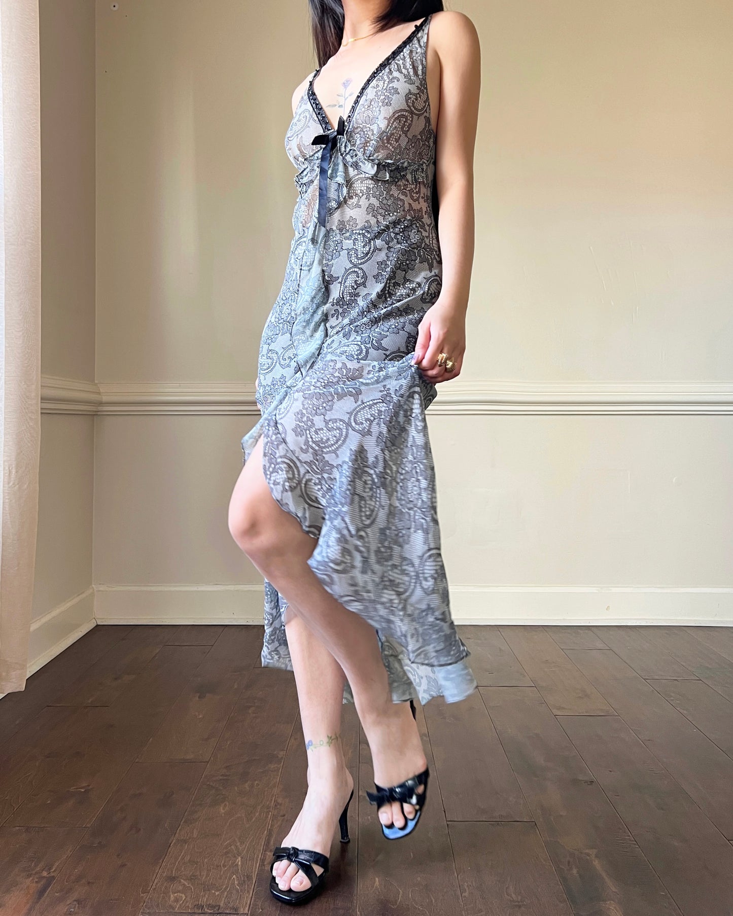 Eblin’s Sheer Maxi Dress featuring Overall Paisley Pattern with Ruffled Split Detail