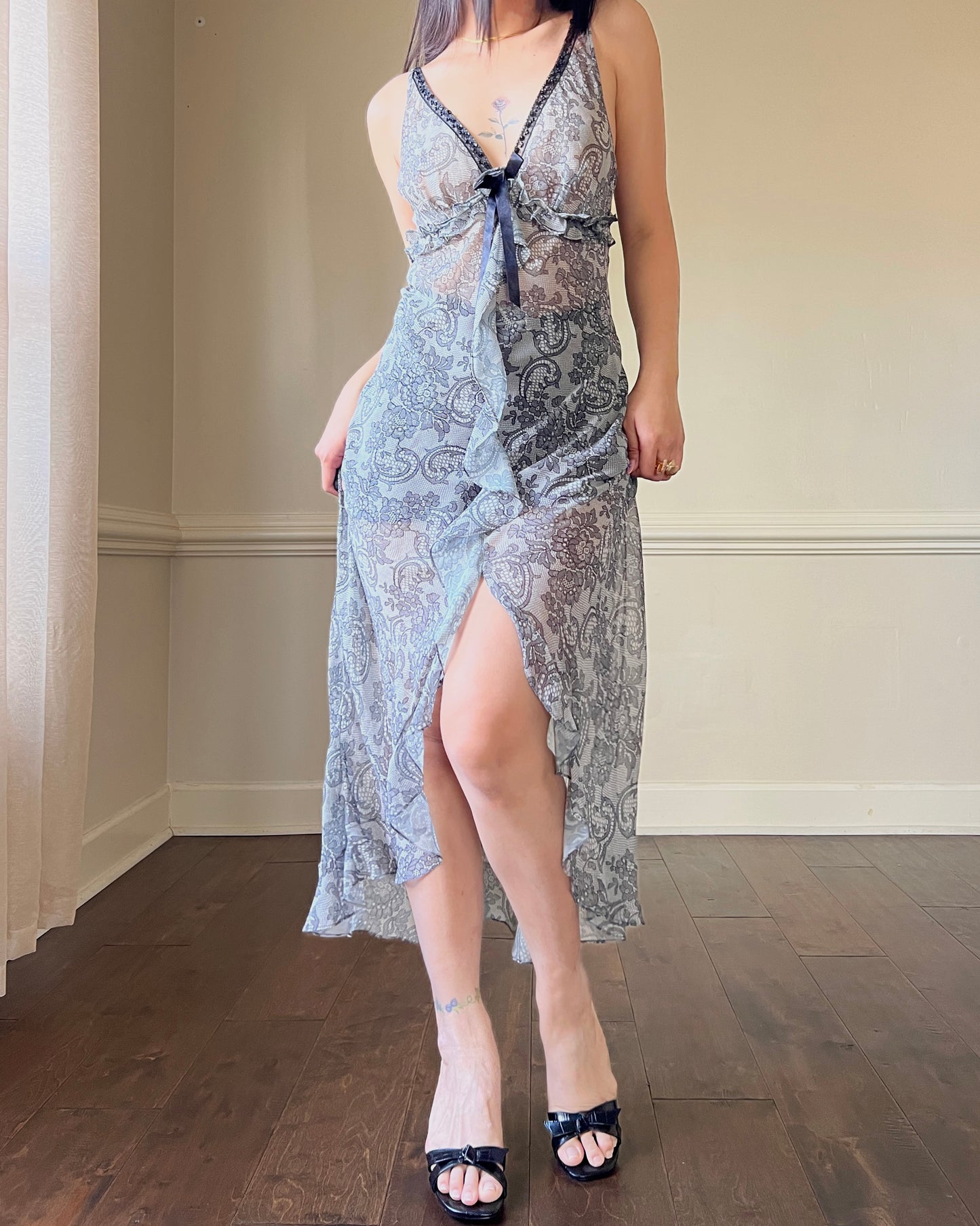 Eblin’s Sheer Maxi Dress featuring Overall Paisley Pattern with Ruffled Split Detail