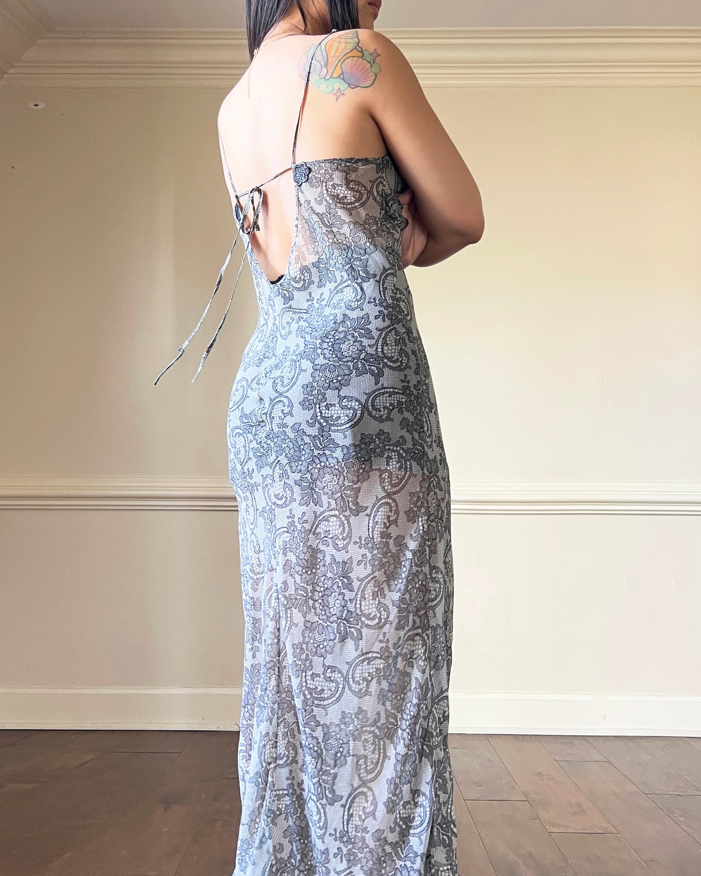 Eblin’s Sheer Maxi Dress featuring Overall Paisley Pattern with Ruffled Split Detail