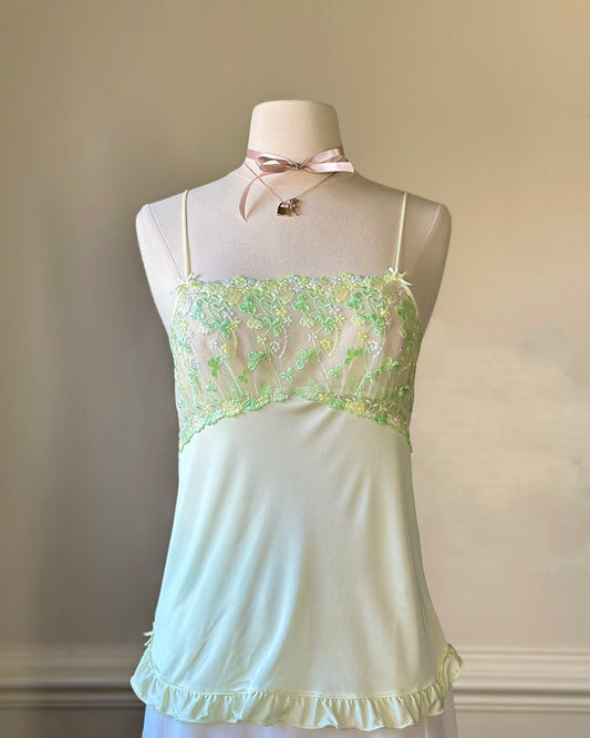 Fairycore soft green camisole featuring leaves and floral embroidered bust