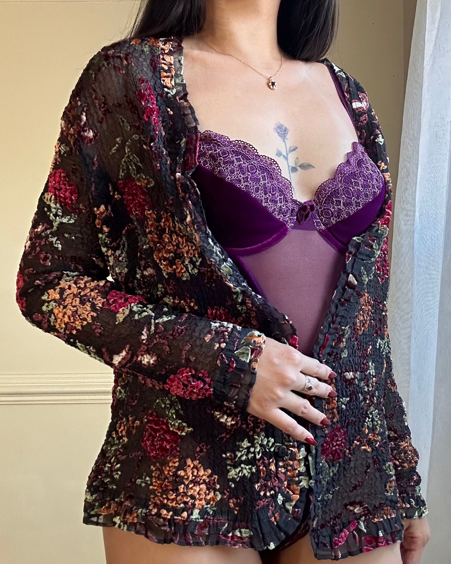 Artistic Mesh Lace Cardigan with Velvet Floral Embroidery