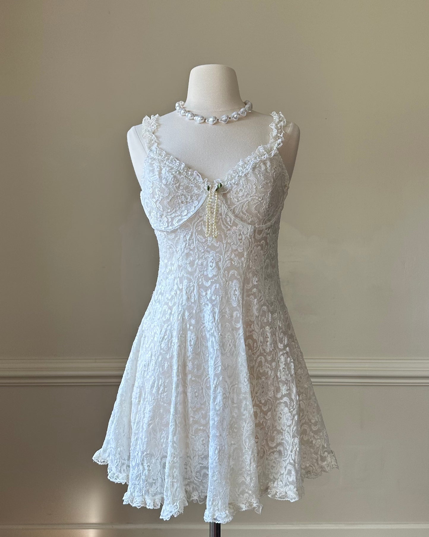 Vintage ivory lace slip dress with a romantic allover floral pattern