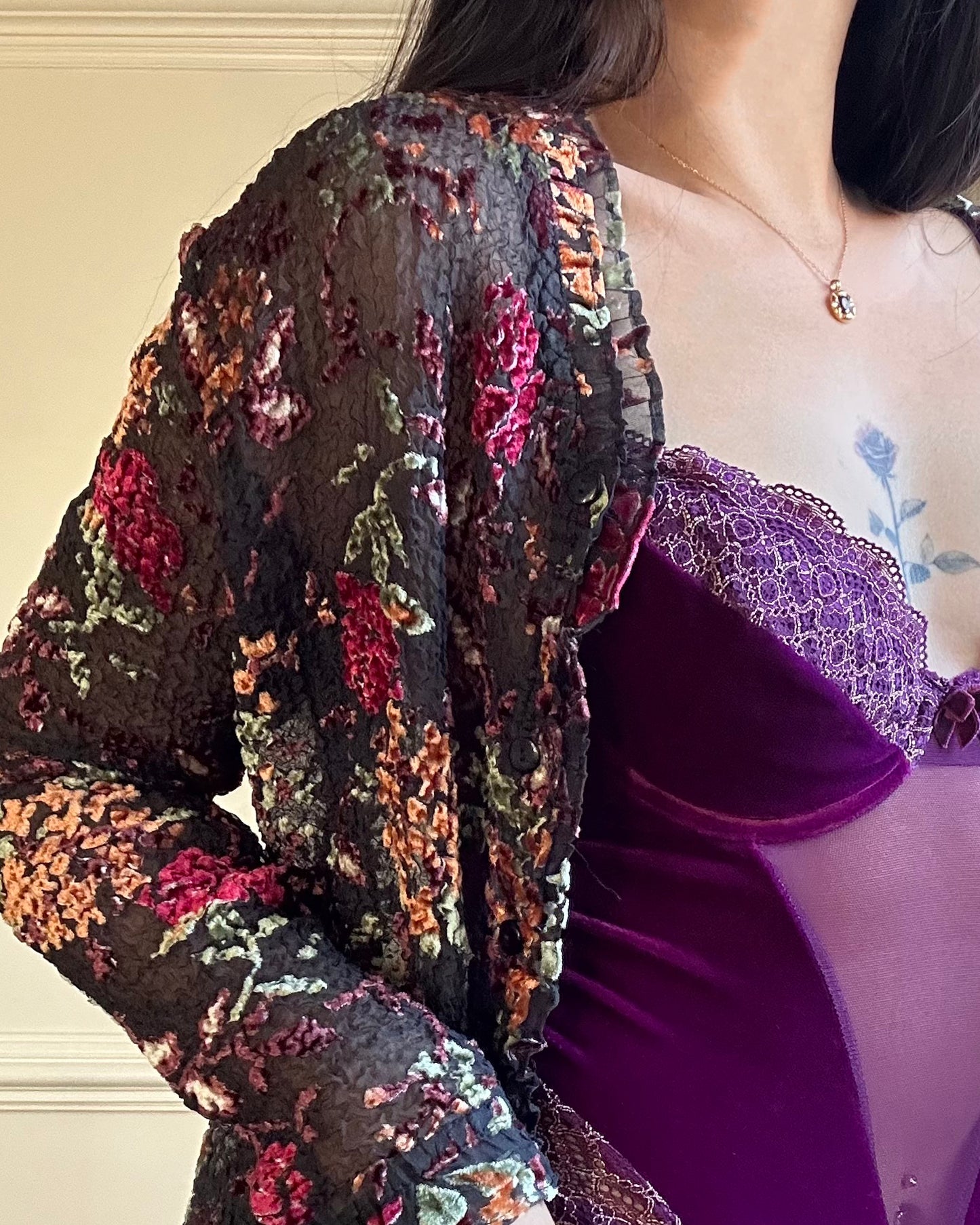 Artistic Mesh Lace Cardigan with Velvet Floral Embroidery