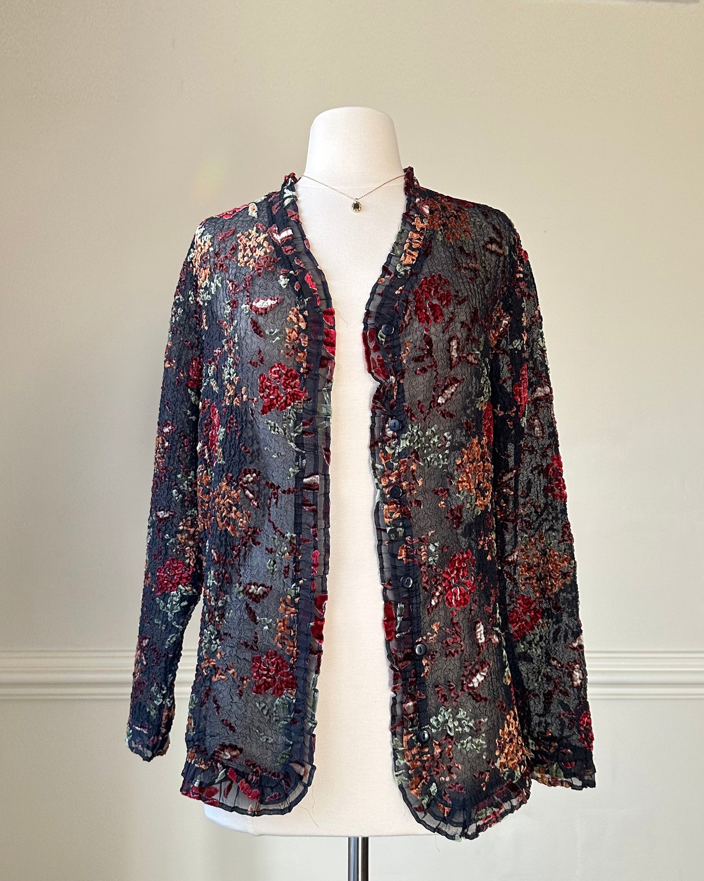 Artistic Mesh Lace Cardigan with Velvet Floral Embroidery