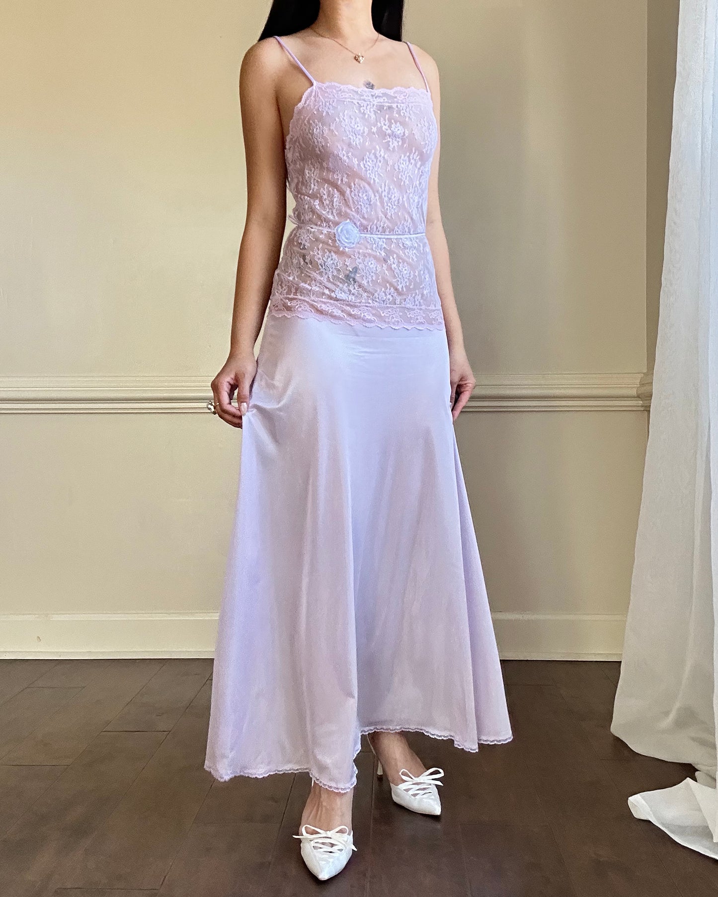 Beautiful Light Heather Purple Maxi Slip Dress featuring Vintage Floral Lace Embroidery Top