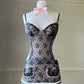 Victoria’s Secret Milkmaid Black & Cream Matching Set featuring Embossed Floral Embroidery Slips