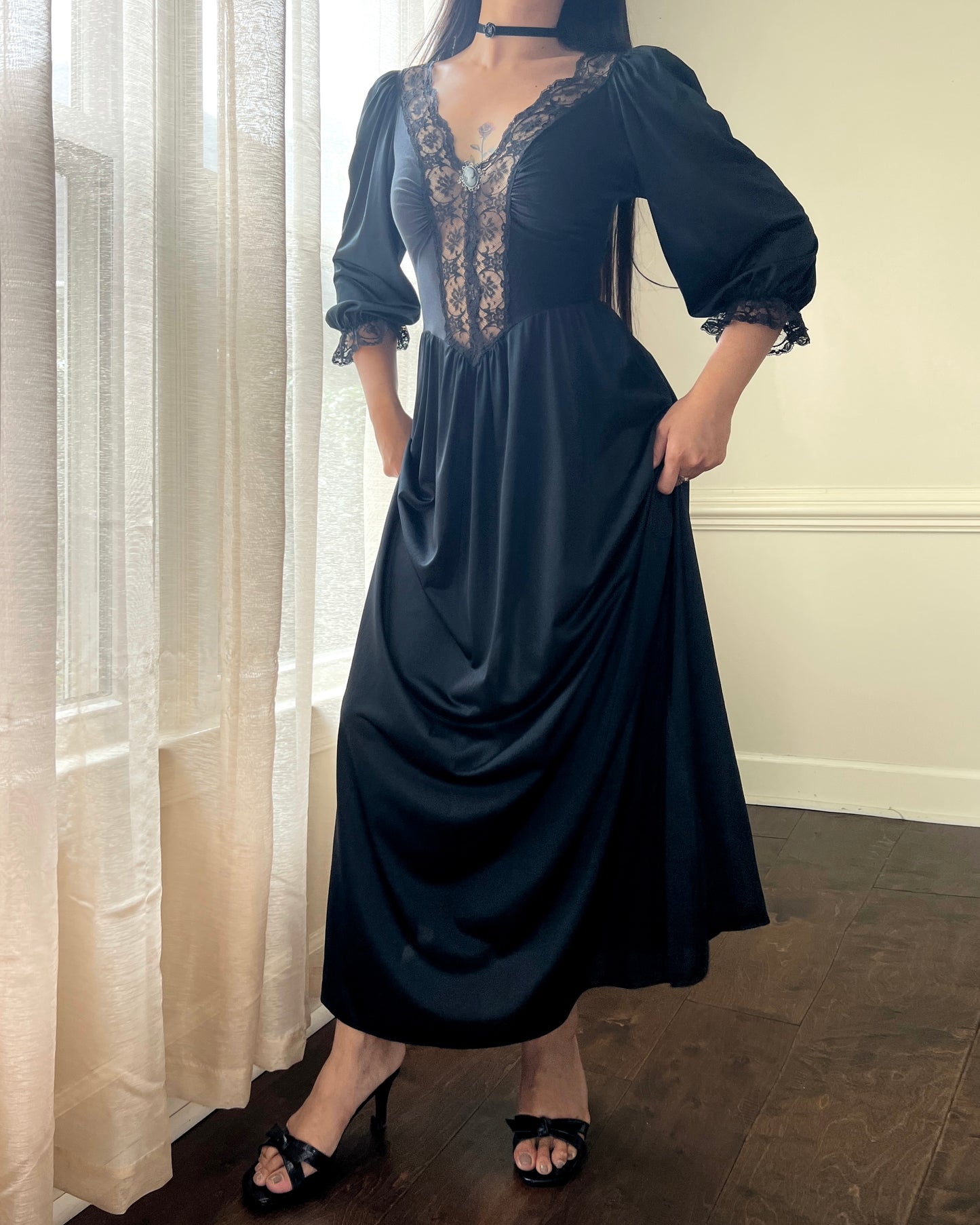 Dark Victorian Maxi Dress featuring Intricate Lace Bodice Details