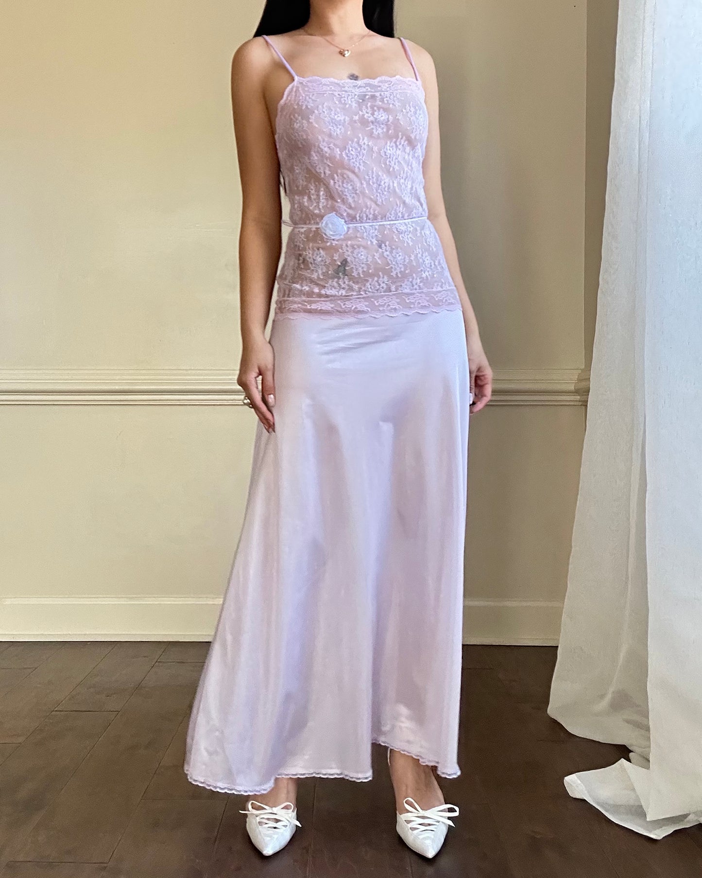 Beautiful Light Heather Purple Maxi Slip Dress featuring Vintage Floral Lace Embroidery Top