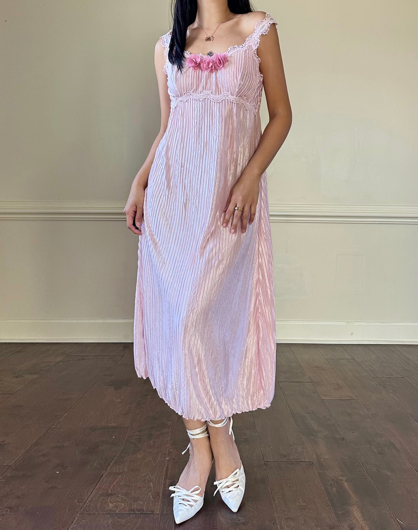 Vintage 90's Candy Midi Dress featuring Peony Adorned with Embroidery Details