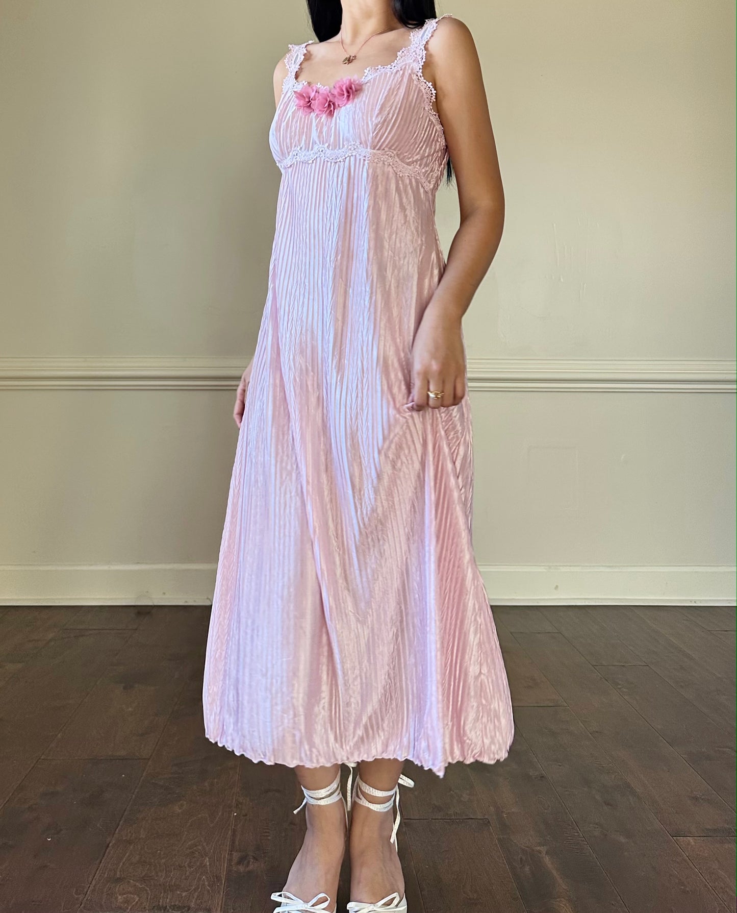 Vintage 90's Candy Midi Dress featuring Peony Adorned with Embroidery Details