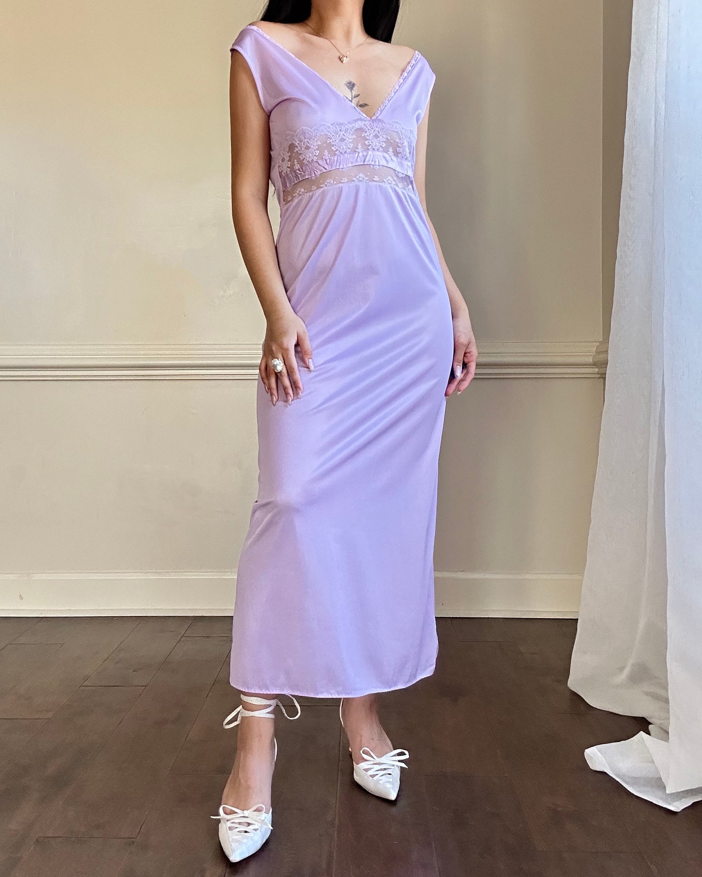 Vintage Soft Orchid Maxi Slip Dress featuring Intricate Lace Cutout