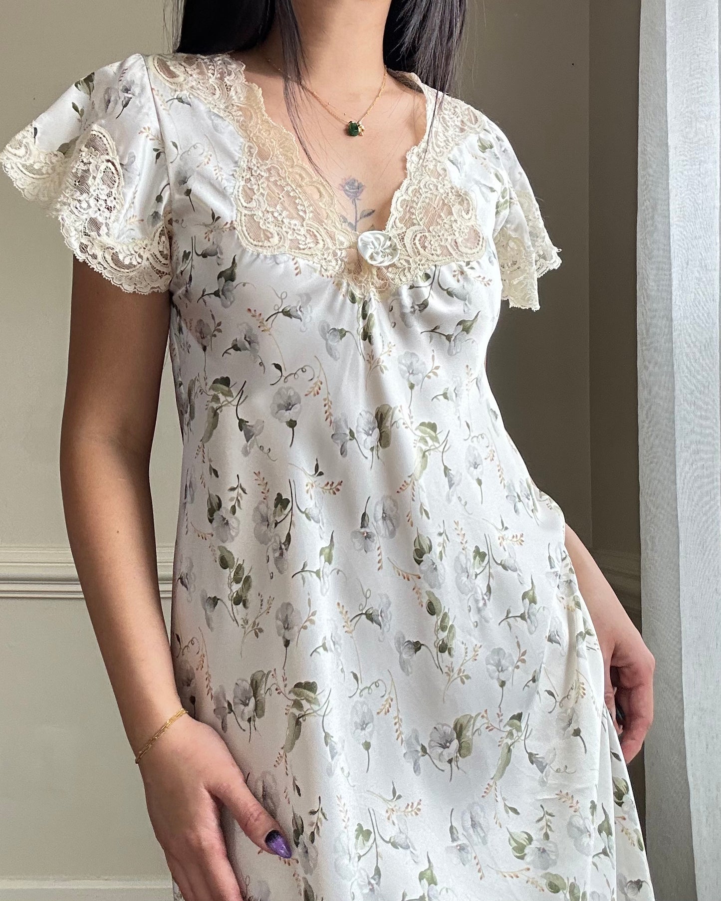 Elegant Vintage Dior Satin Maxi Dress featuring White Peony Prints