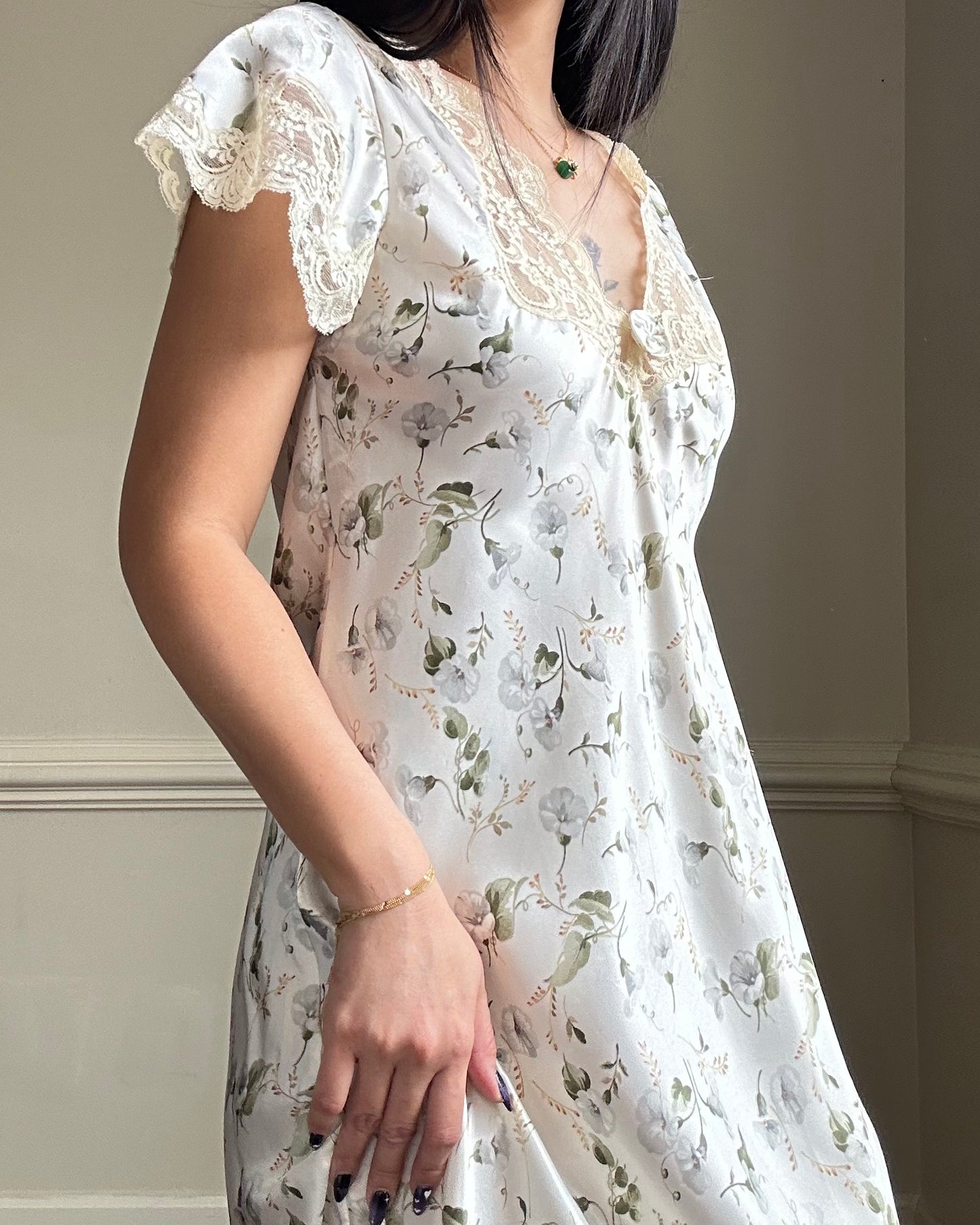 Elegant Vintage Dior Satin Maxi Dress featuring White Peony Prints