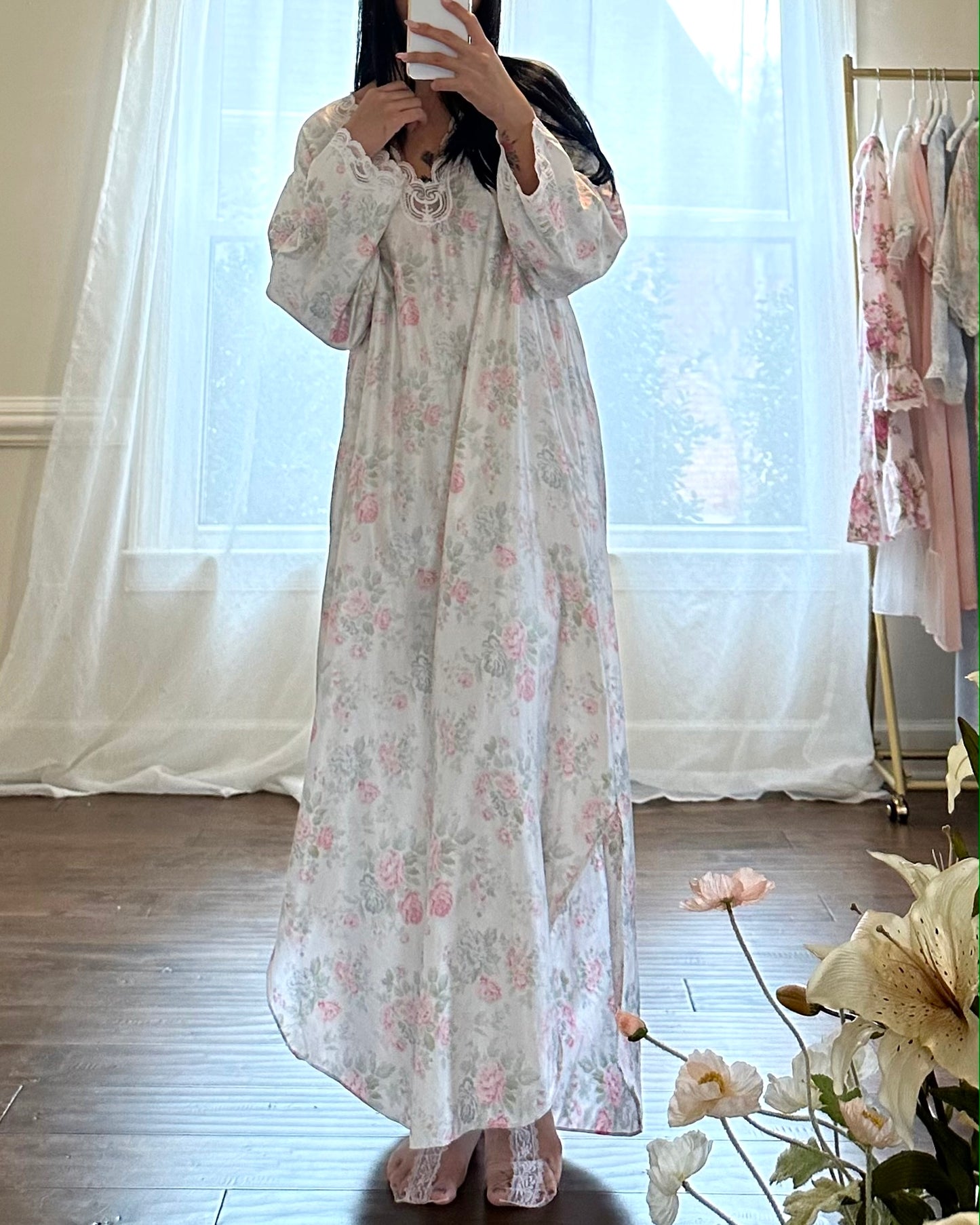 Vintage Barbizon Maxi Dress featuring Rosette Prints on Satin Fabric