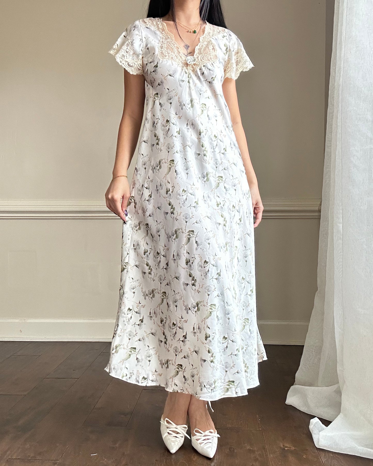 Elegant Vintage Dior Satin Maxi Dress featuring White Peony Prints