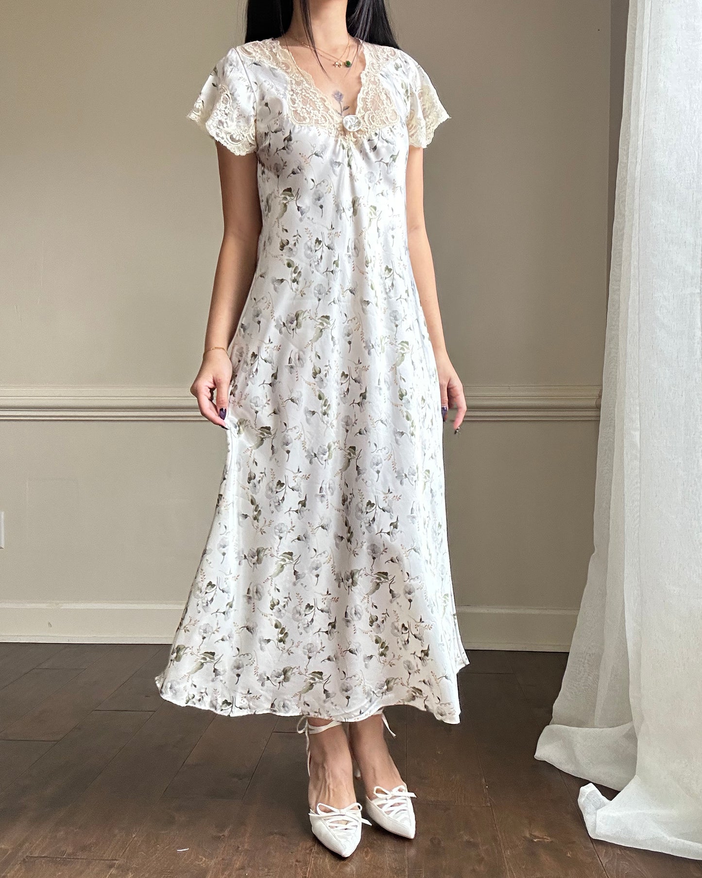 Elegant Vintage Dior Satin Maxi Dress featuring White Peony Prints