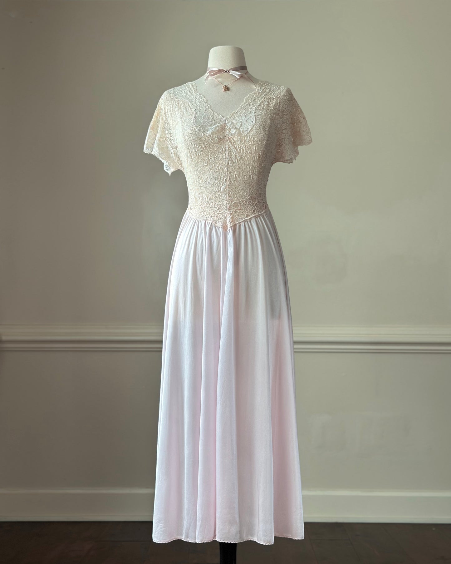 Vintage Korean blush pink nightgown with lace bodice