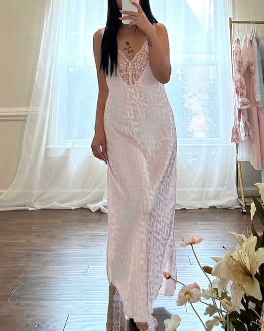 Elegant Soft Pink Maxi Dress featuring Luxurious Satin Fabric Embossed