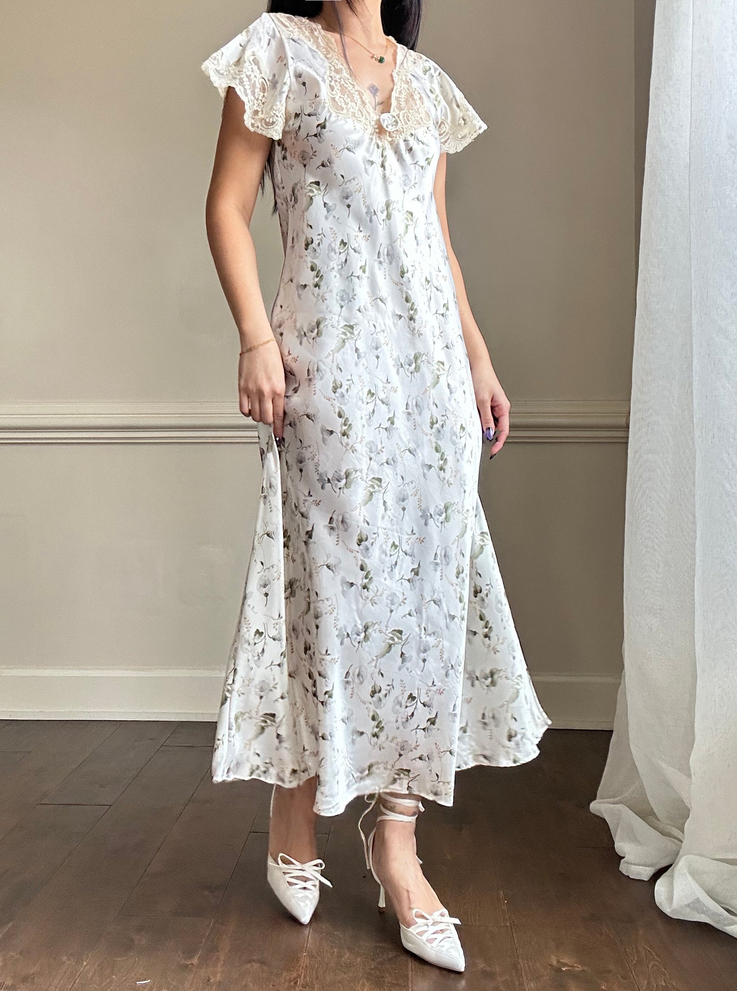 Elegant Vintage Dior Satin Maxi Dress featuring White Peony Prints