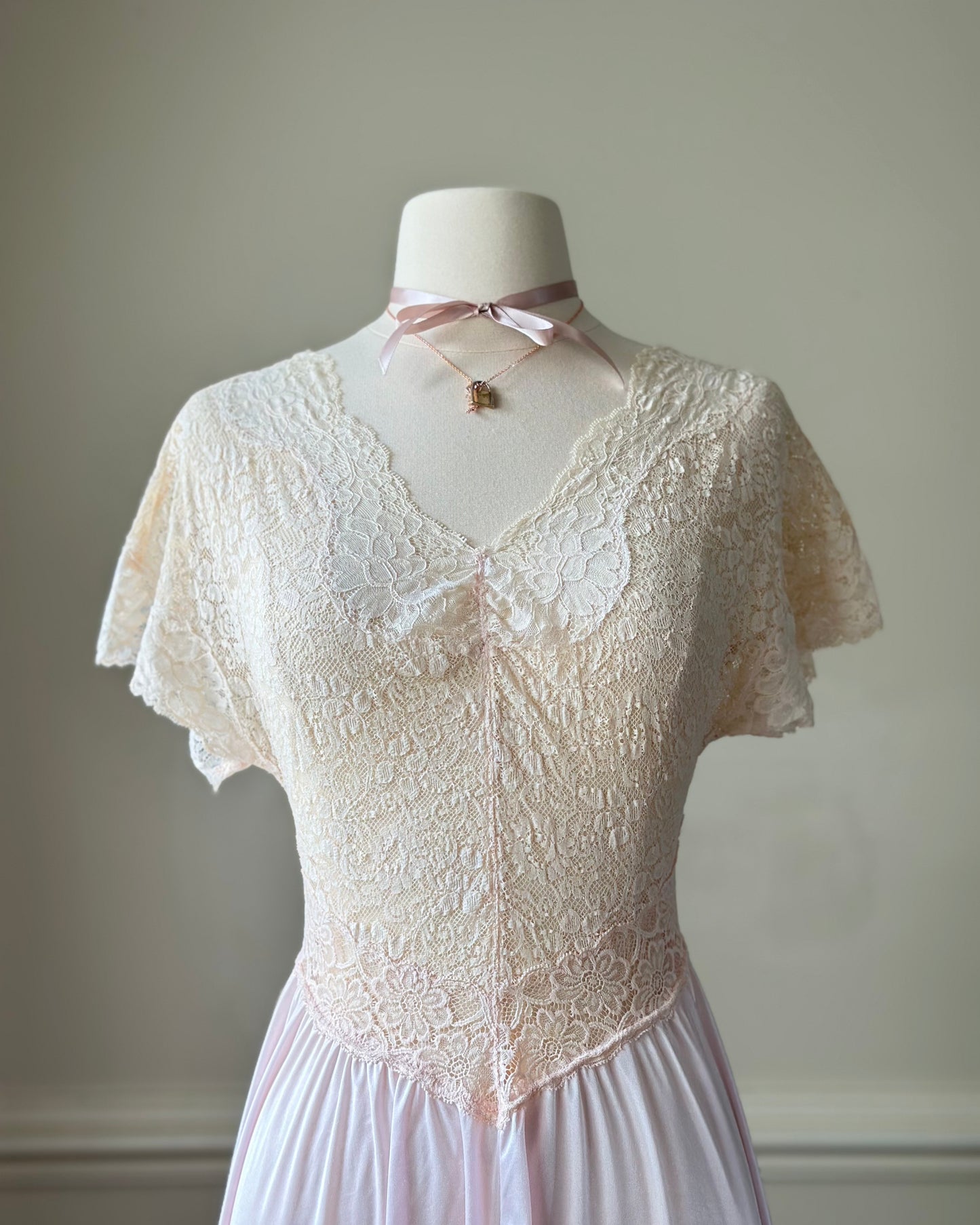 Vintage Korean blush pink nightgown with lace bodice