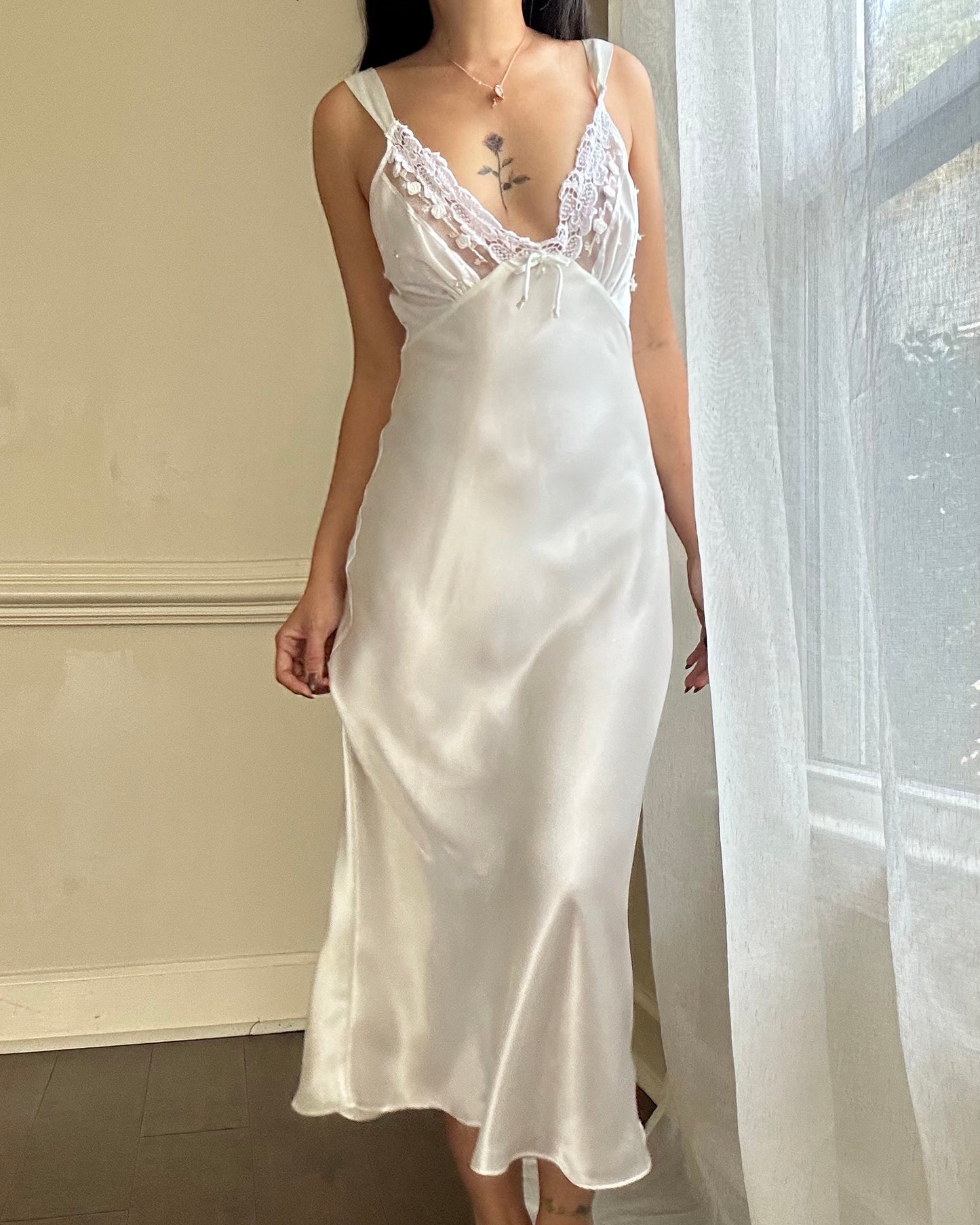 Sultry Satin Maxi Slip Dress featuring Lace Embroidery Lining