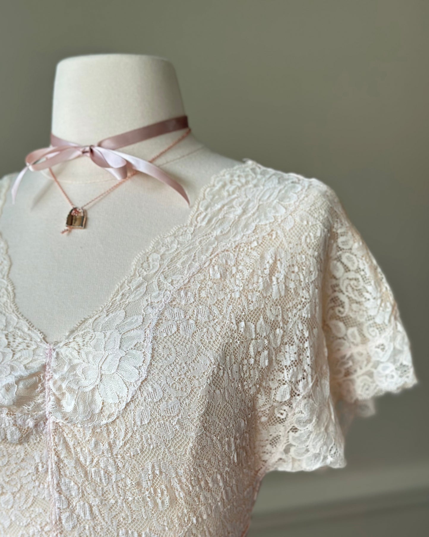 Vintage Korean blush pink nightgown with lace bodice