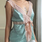 Oriental silk turquoise robe-like top featuring floral lace embroidery cutout