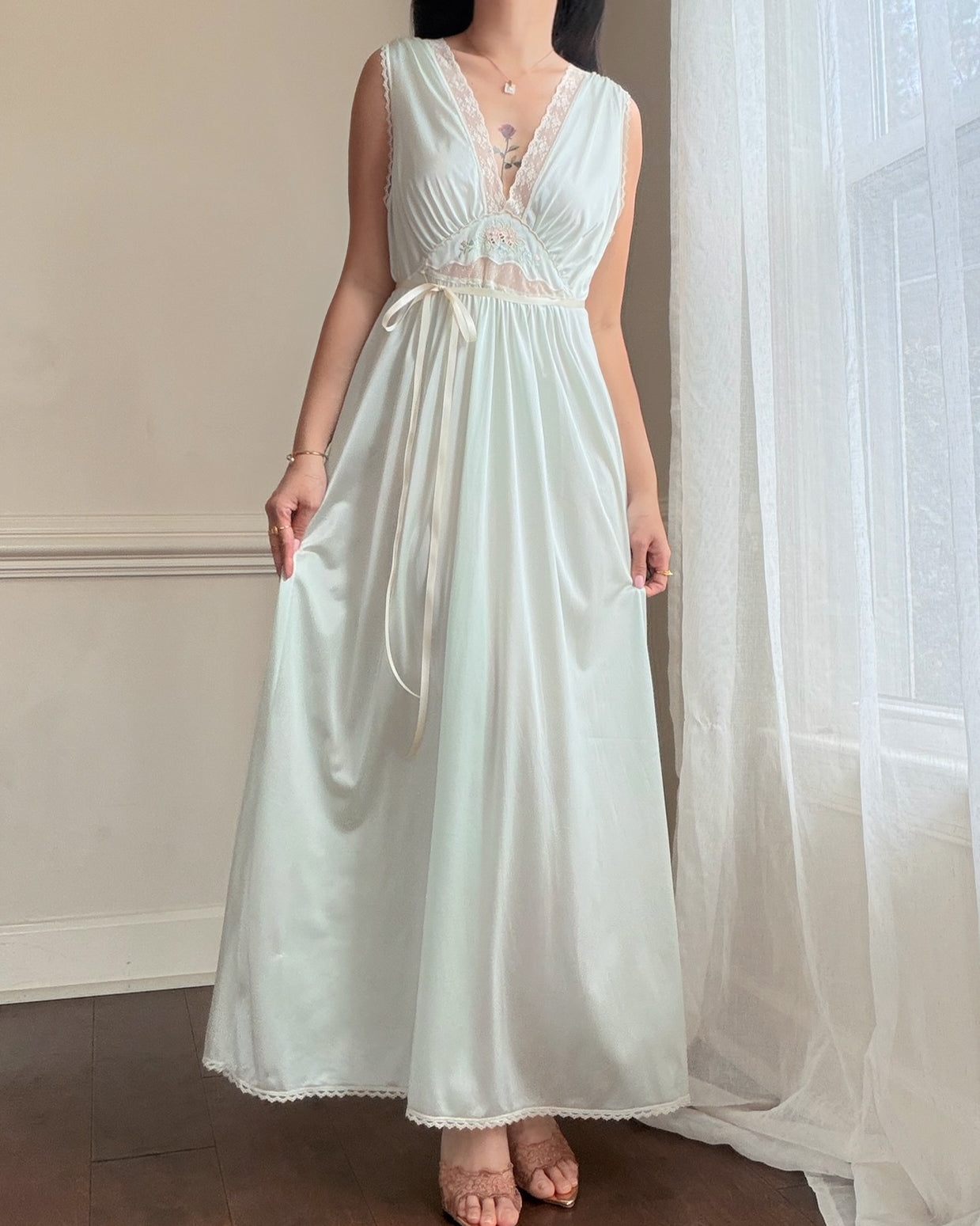 Vintage pastel mint satin nightgown