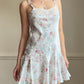 Vintage floral satin slip dress – pastel rose lace trim mini