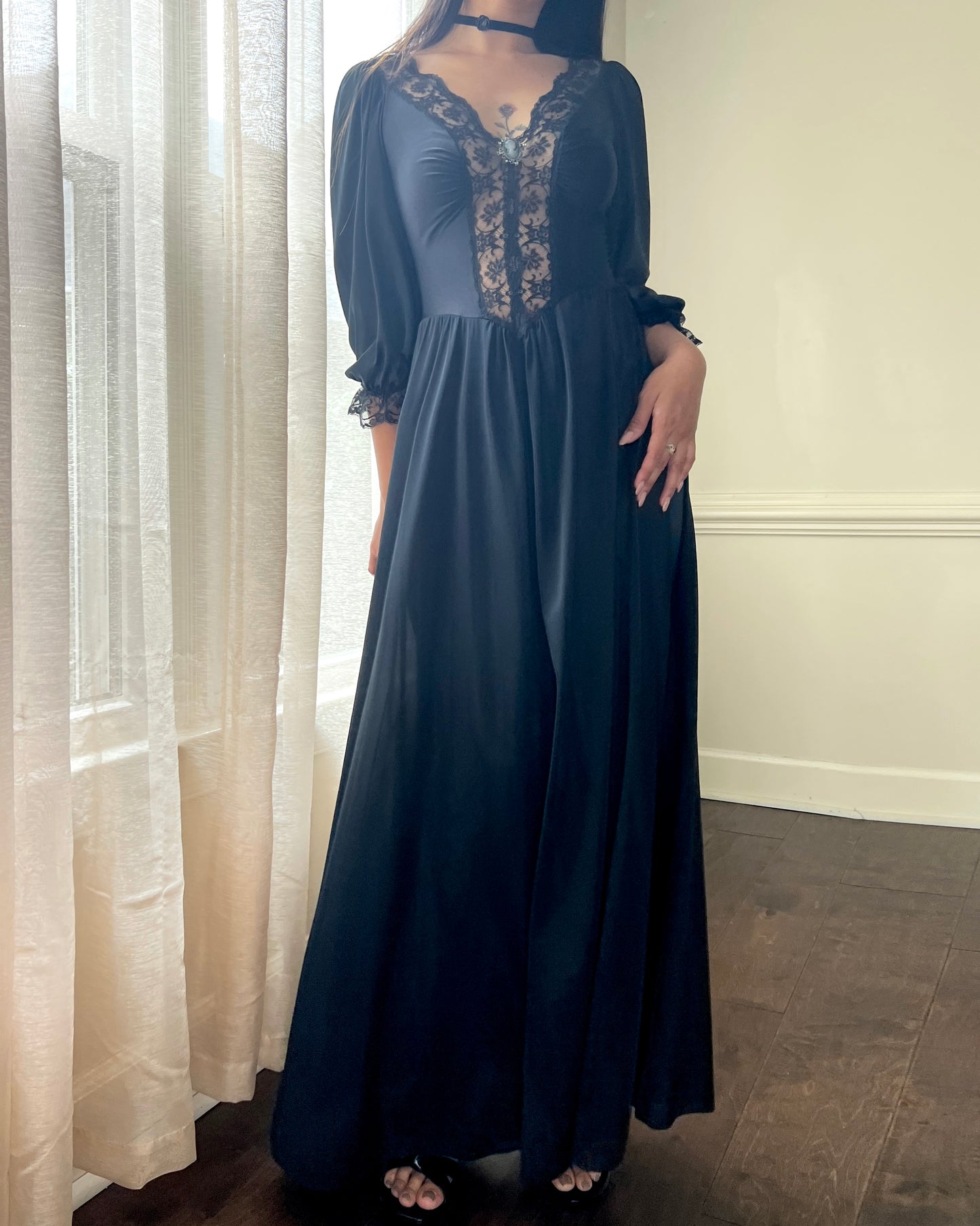 Dark Victorian Maxi Dress featuring Intricate Lace Bodice Details