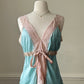Oriental silk turquoise robe-like top featuring floral lace embroidery cutout