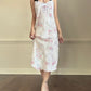 Vintage ivory satin slip dress with a bold pastel floral print