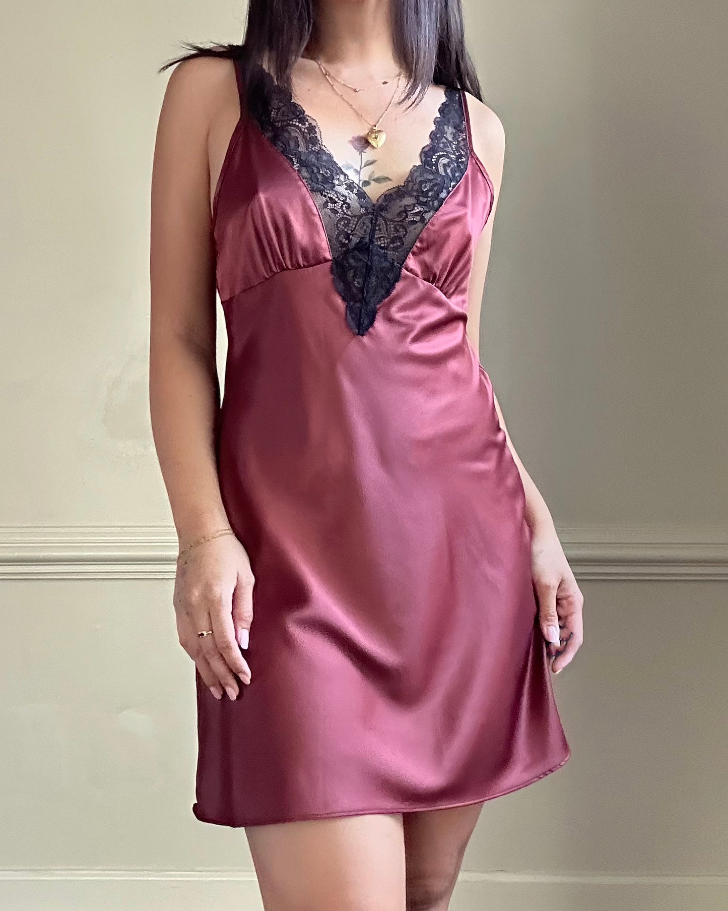 Vintage dusty rose satin dress + black lace bustier