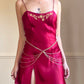 Victoria’s Secret Ruby Red Satin Slip Dress features Embroidered Floral Gold