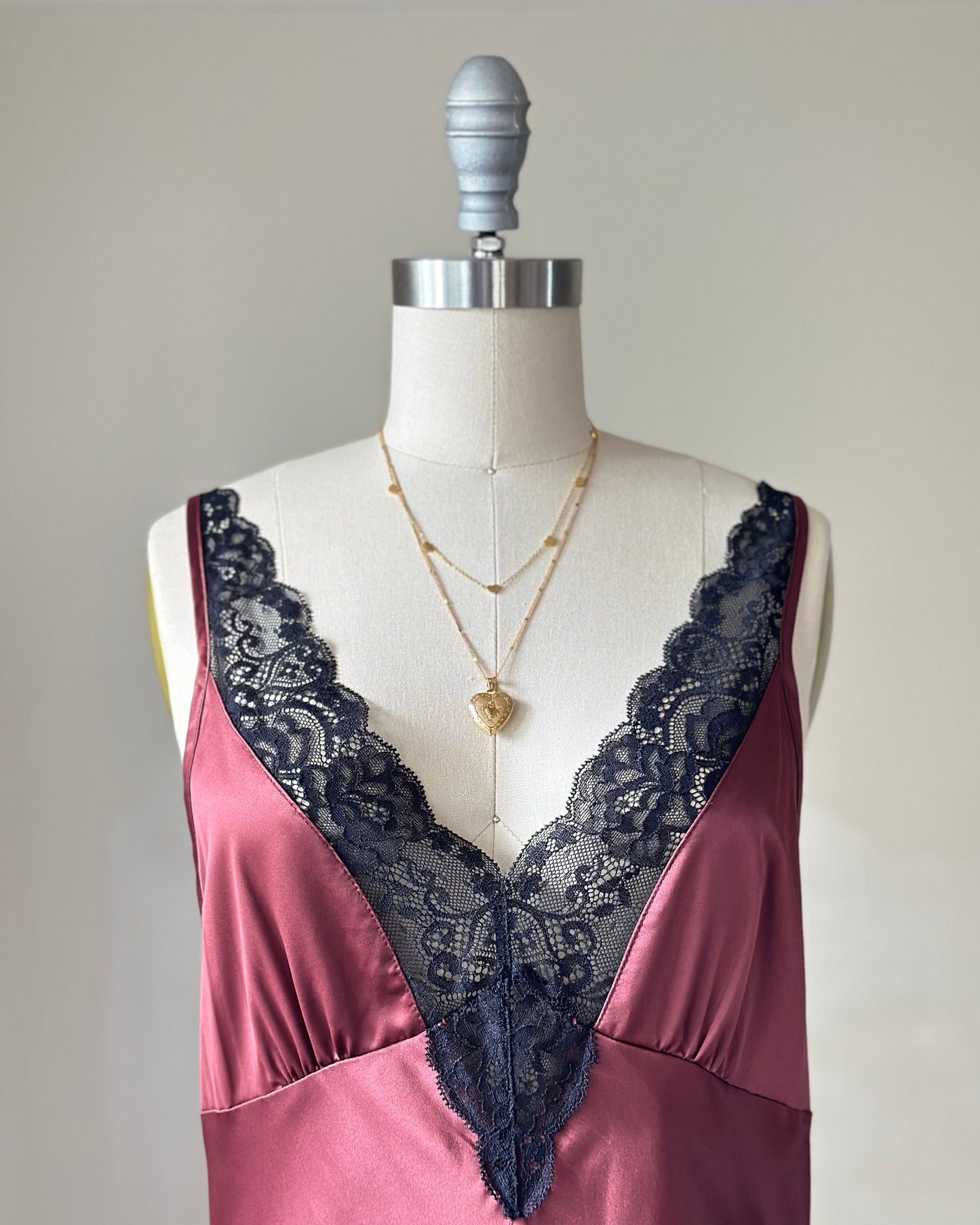 Vintage dusty rose satin dress + black lace bustier