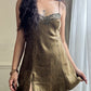 Victoria’s Secret vintage satin slip dress featuring leaf vines print on gold fabric
