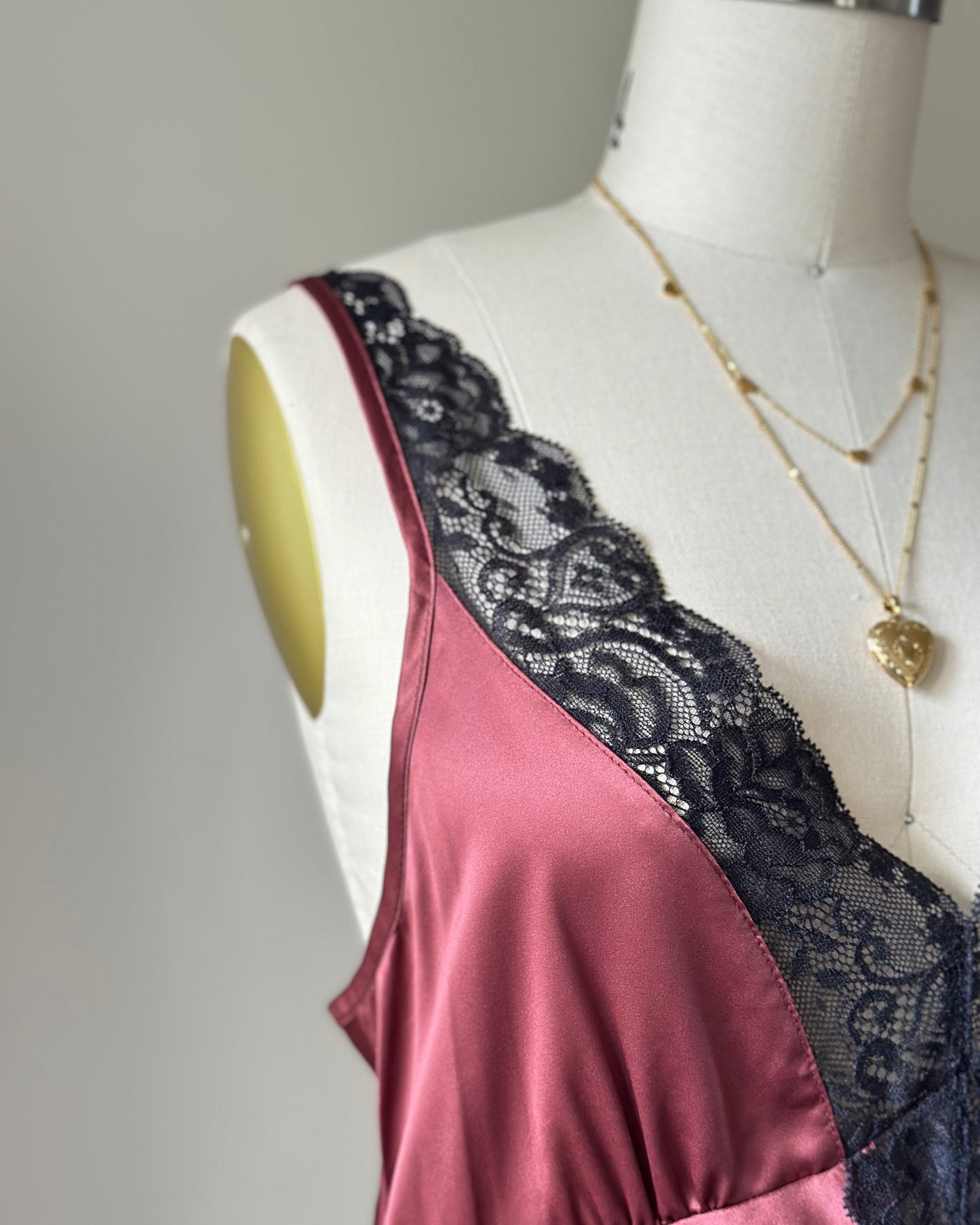 Vintage dusty rose satin dress + black lace bustier