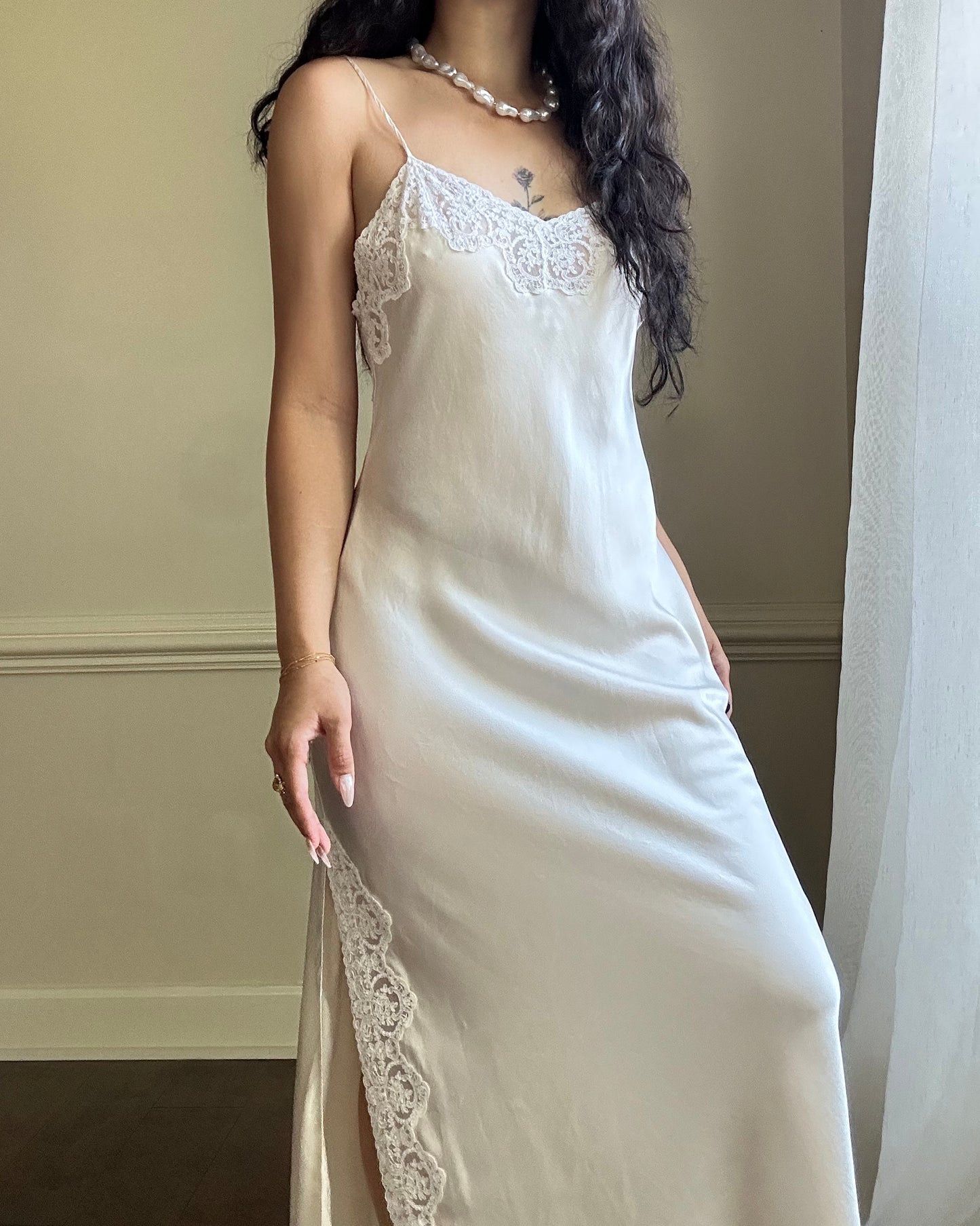 Maxi Bridal Slip Dress in Vintage Creamy featuring Lace Embroidery