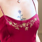 Victoria’s Secret Ruby Red Satin Slip Dress features Embroidered Floral Gold