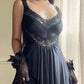 80s Elegant Grunge Maxi Dress featuring V-lace Cutout with Pleated Skirt